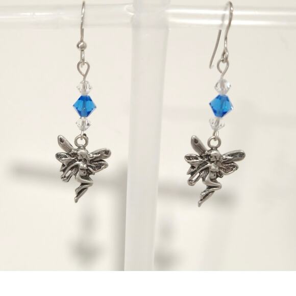 925 Sterling Silver Fairy Dangle Earrings Royal Blue Clear Crystal Beads Magical - Picture 1 of 9